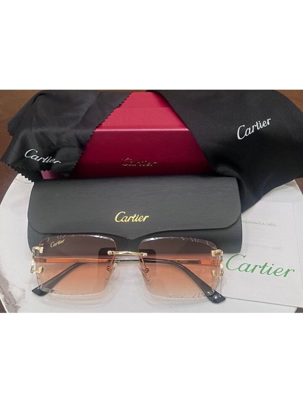 Brown Gradient Tint Diamond Cut Cartier Unisex Sunglasses
